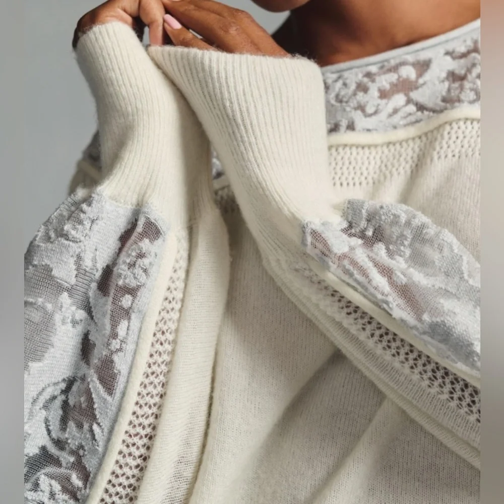 ANTHROPOLOGIE Plus 1X Ivory Pewter Balloon Sleeve Wool Blend Boho Lace Sweater - Picture 4 of 16